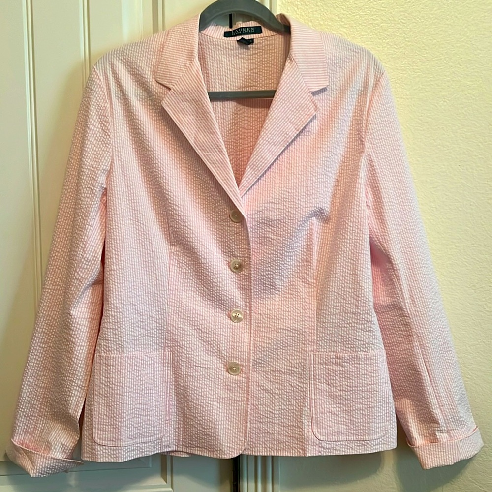 Lauren Ralph Lauren Pink & White Pin Stripe Blazer with Pockets, Palm Beach, L